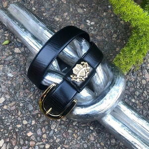 Cipriani Vintage Black Glazed Cowhide on PVC Gold Crest Accent Fashion Belt